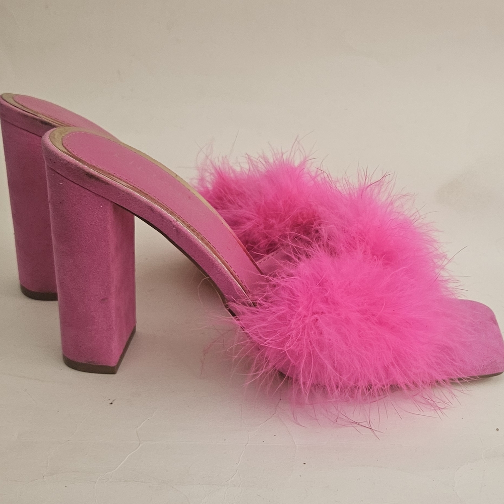 Liliana bright pink maribou feather 4" high square toe mules, size 10 - Picture 9 of 15